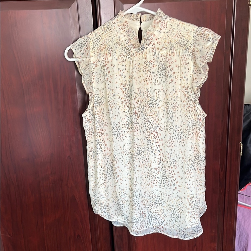 LOFT Cream Ruffled Blouse with Mandarin Collar